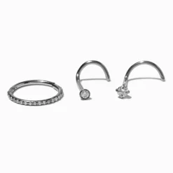 Claire's Bijoux Premium|Bijoux De Piercing-Anneau et clou de nez strass 1,0 mm en titane couleur argentée - Lot de 3