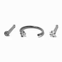 Claire's Bijoux De Piercing-Anneau et clous de nez 0,6 mm en zircon cubique en titane couleur argentée - Lot de 3
