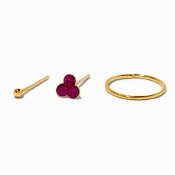 Claire's Bijoux De Piercing-Anneau et clous de nez 1,7 mm strass rose couleur dorée - Lot de 3