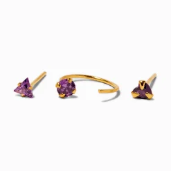 Claire's Bijoux De Piercing-Anneau torsadé et clous de nez 1,7 mm strass violet couleur dorée - Lot de 3