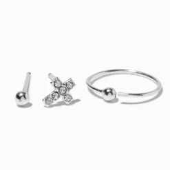 Claire's Bijoux Premium|Bijoux De Piercing-Anneaux et clou pour piercing de nez croix 0,6 mm couleur argentée - Lot de 3