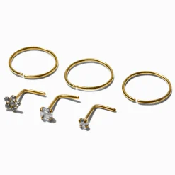 Claire's Bijoux Premium|Bijoux De Piercing-Anneaux et clous de nez carrés 0,8 mm avec strass carrés et marguerite en acier inoxydable couleur dorée - Lot de 6