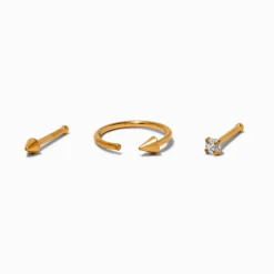 Claire's Bijoux De Piercing-Anneaux et clous pour piercing de nez à pointes 0,8 mm avec zircon cubique en titane couleur dorée - Lot de 3