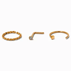 Claire's Bijoux De Piercing-Anneaux 0,8 mm de style torsadé et clou avec strass en titane couleur dorée - Lot de 3