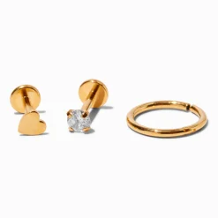 Claire's Bijoux De Piercing-Anneaux pour piercing de cartilage 1,0 mm cœur en zircon cubique et titane couleur dorée - Lot de 3