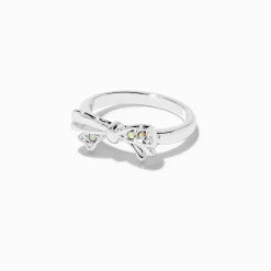 Claire's Bagues-Bague nœud strass iridescent couleur argentée