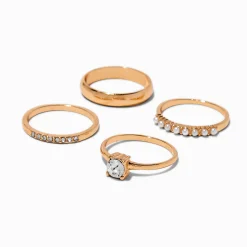 Claire's Bagues|Clous D'oreilles-Bagues superposables perle d'imitation et zircon cubique couleur dorée - Lot de 4