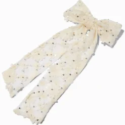Claire's Noeuds Pour Cheveux|Barrettes Et Pinces-Barrette à nœud à longs pans avec sequins fleur couleur ivoire