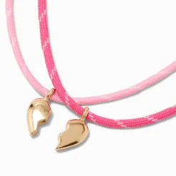 Claire's Colliers-Best Friends Gold-tone Split Heart Pink Rope Pendant Necklaces - 2 Pack
