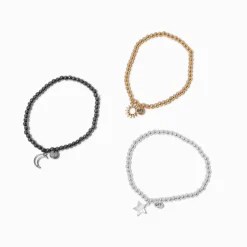 Claire's Bracelets-Best Friends Mixed Metal Celestial Beaded Stretch Bracelets - 3 Pack