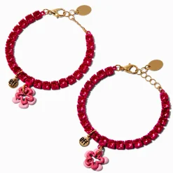 Claire's Bracelets-Best Friends Pink Enamel Flower Rhinestone Bracelets - 2 Pack
