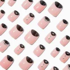 Claire's Ongles-Black & Nude Bling Short Square Vegan Faux Nail Set - 24 Pack