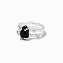 Claire's Bagues-Black Crystal Pear Silver-tone Ring