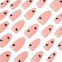Claire's Ongles-Black Heart Pink Long Almond Vegan Faux Nail Set - 24 Pack