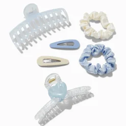 Claire's Chouchous|Barrettes Et Pinces-Blue & Cream Mixed Scrunchie & Hair Clip Set - 6 Pack