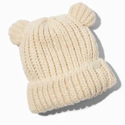 Claire's Chapeaux Et Casquettes|Temps Froid-Bonnet tricoté ours couleur ivoire