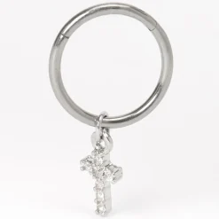 Claire's Bijoux Premium|Bijoux De Piercing-Boucle d'oreille pour piercing de cartilage avec breloque croix en strass 16 g couleurs argentée et titanée