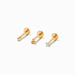 Claire's Clous D'oreilles|Bijoux De Piercing-Boucles d’oreilles à arrière plat pour piercing tragus 1,2 mm en zircon cubique d’imitation couleur dorée - Lot de 3