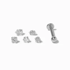 Claire's Clous D'oreilles|Bijoux De Piercing-Boucles d’oreilles à arrière plat pour piercing tragus 1,2 mm plusieurs embouts interchangeables en zircon cubique d'imitation couleur argentée - Lot de 6