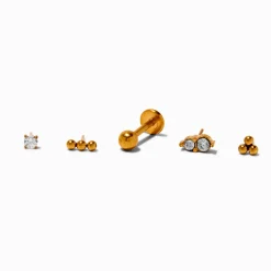 Claire's Clous D'oreilles|Bijoux Premium-Boucles d’oreilles à arrière plat pour piercing hélix 1,0 mm avec embouts interchangeables en zircon cubique titane couleur dorée - Lot de 5