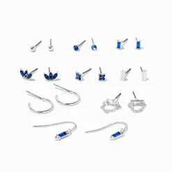Claire's Clous D'oreilles-Boucles d’oreilles aux designs variés avec strass couleur bleu saphir - Lot de 9