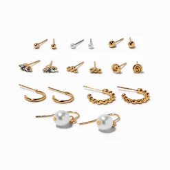 Claire's Anneaux|Pendantes-Boucles d’oreilles aux designs variés perle d'imitation et tourbillon de strass couleur dorée - Lot de 9
