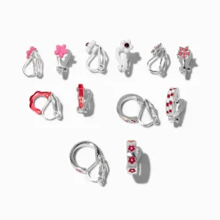 Claire's Clips Et Autocollants-Boucles d’oreilles à clip carreaux et fleurs roses - Lot de 6