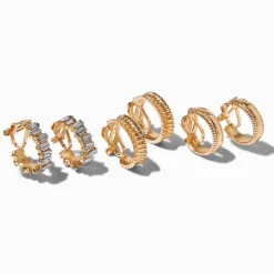 Claire's Anneaux|Clips Et Autocollants-Boucles d’oreilles à clip 20 mm texturées strass couleur dorée - Lot de 3