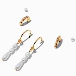 Claire's Anneaux|Clous D'oreilles-Boucles d’oreilles empilables couleur dorée triple goutte en perle d'imitation - Lot de 3