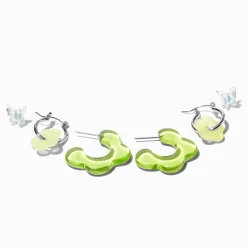 Claire's Clous D'oreilles-Boucles d’oreilles empilables fleurs en acrylique vertes - Lot de 3