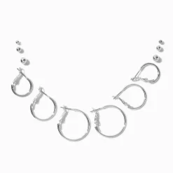 Claire's Anneaux|Clous D'oreilles-Boucles d’oreilles empilables créoles et boules de tailles graduelles couleur argentée - Lot de 6