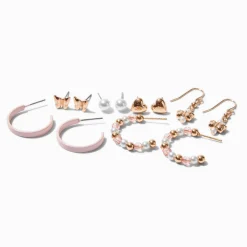 Claire's Anneaux|Pendantes-Boucles d’oreilles empilables roses et couleur dorée - Lot de 6