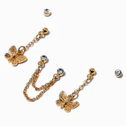 Claire's Pendantes|Clous D'oreilles-Boucles d’oreilles empilables papillon strass couleur dorée - Lot de 3