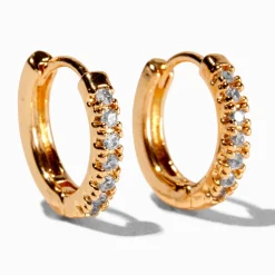 Claire's Anneaux|Clous D'oreilles-Boucles d’oreilles huggies avec strass en zircon cubique d'imitation empilées 10 mm couleur dorée