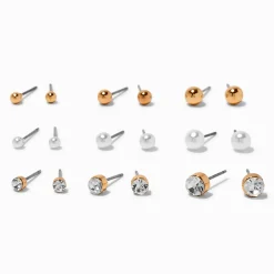Claire's Clous D'oreilles-Boucles d’oreilles perle d'imitation, strass, de tailles graduelles couleur dorée - Lot de 9