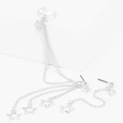 Claire's Anneaux|Pendantes-Boucles d’oreilles reliées par une chaîne à une manchette d’oreille étoile ajourée couleur argentée