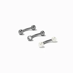 Claire's Bijoux Premium|Bijoux De Piercing-Boucles d’oreilles rook strass boule et perles d'imitation 1,2 mm en titane couleur argentée - Lot de 3