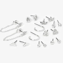 Claire's Anneaux-Boucles d’oreilles sophistiquées aux designs variés avec strass couleur argentée - Lot de 9