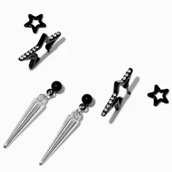 Claire's Anneaux|Pendantes-Boucles d’oreilles superposables pointes et étoiles noires - Lot de 3