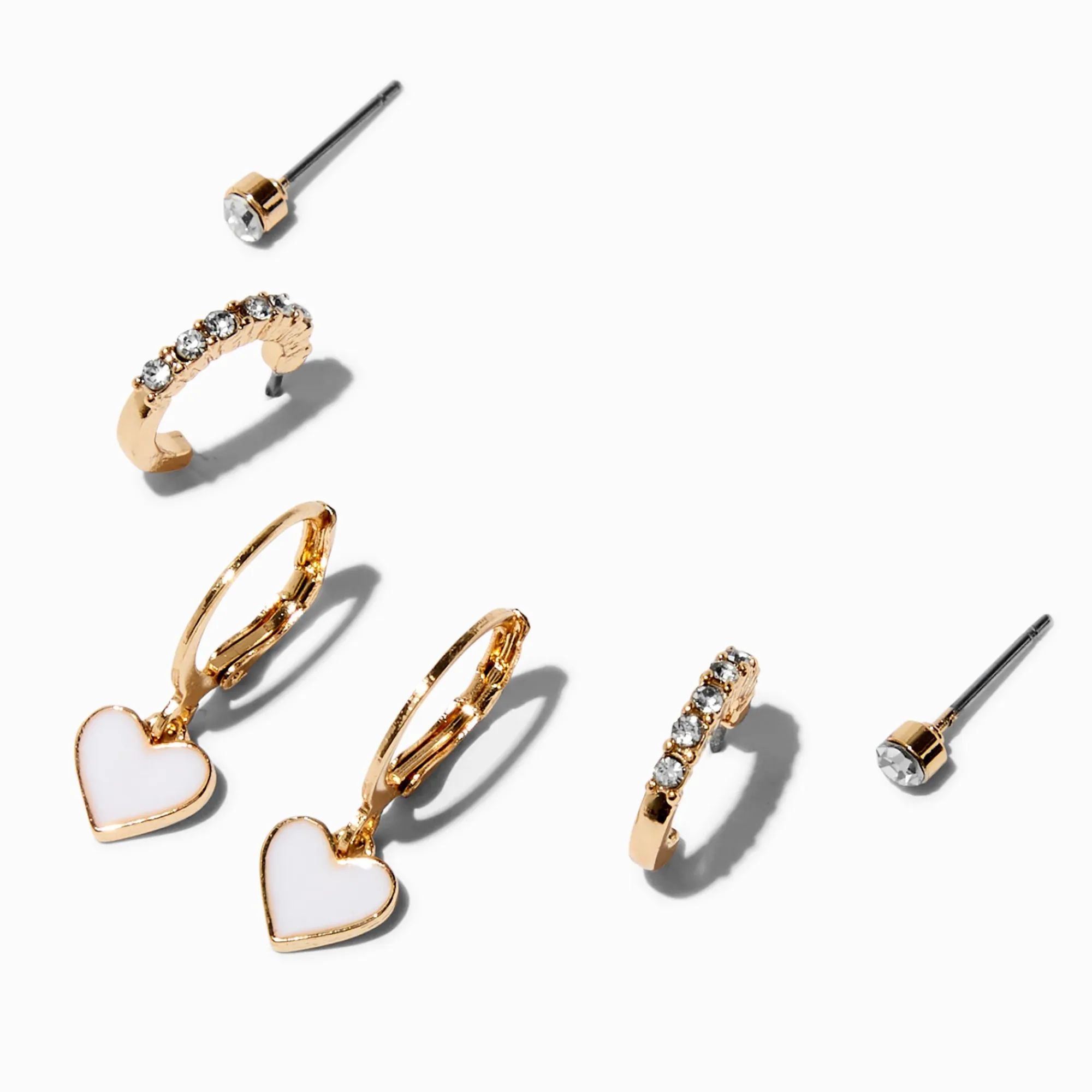 Claire's Anneaux|Pendantes-Boucles d’oreilles superposables strass et cœurs blancs - Lot de 3