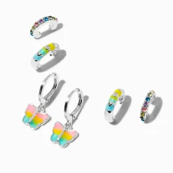 Claire's Anneaux-Boucles d’oreilles superposables huggies papillon arc-en-ciel couleur argentée - Lot de 3