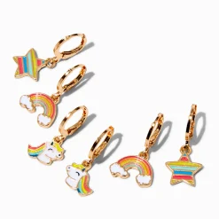 Claire's Anneaux-Boucles d’oreilles superposables huggies licorne arc-en-ciel couleur dorée - Lot de 3