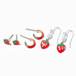 Claire's Anneaux|Pendantes-Boucles d’oreilles superposables fraises rouges - Lot de 3