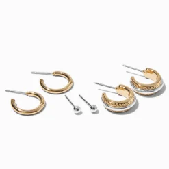 Claire's Anneaux|Clous D'oreilles-Boucles d’oreilles superposables texturées en métaux mixtes - Lot de 3