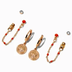Claire's Anneaux-Boucles d’oreilles superposables à chaîne orange pièce soleil rayonnant couleur dorée - Lot de 3