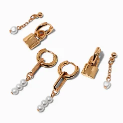 Claire's Anneaux|Pendantes-Boucles d’oreilles superposables perle d’imitation et cadenas couleur dorée - Lot de 3