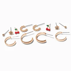 Claire's Anneaux|Clous D'oreilles-Boucles d’oreilles superposables cerises couleur dorée - Lot de 6