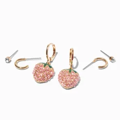 Claire's Anneaux|Clous D'oreilles-Boucles d’oreilles superposables fraise pavé couleur dorée - Lot de 3