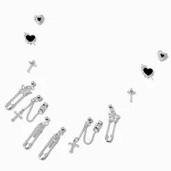 Claire's Pendantes|Clous D'oreilles-Boucles d’oreilles superposables grunge épingle à nourrice couleur argentée - Lot de 6