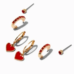 Claire's Pendantes|Clous D'oreilles-Boucles d’oreilles superposables aux designs variés strass et cœurs rouges - Lot de 3